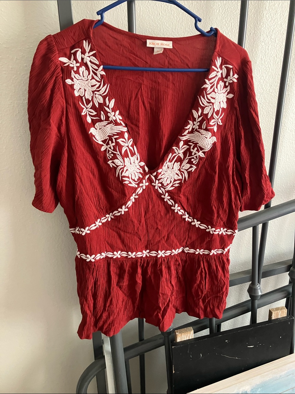 Knox Rose Deep Red V-Neck Embroidered Blouse
